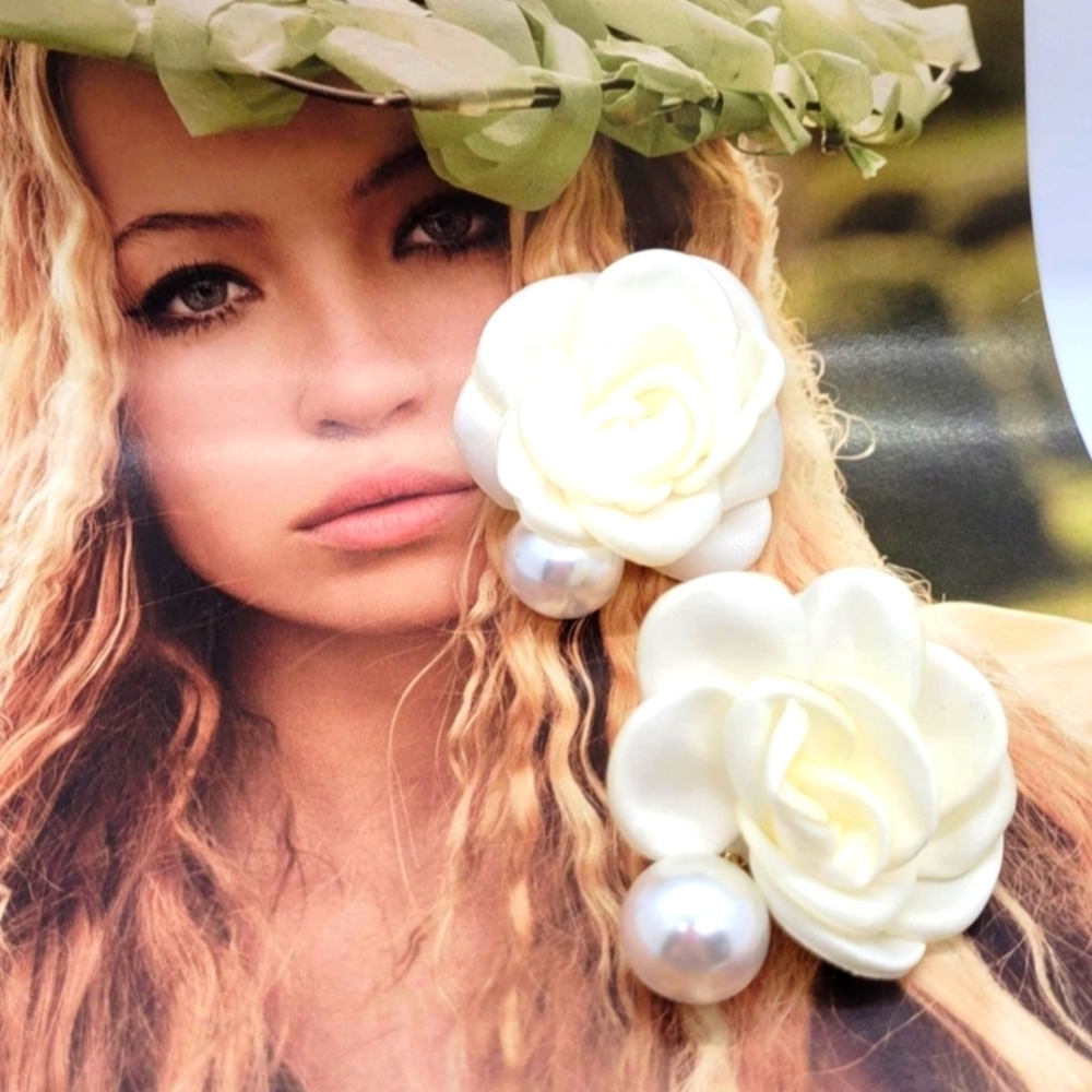 NWT Handmade Elegant Dangling Pearl Soft Ivory Rose Petal Drop Earrings - Picture 7 of 10